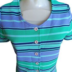 1OF1 Medium Vintage Mom Top 1980's Striped Button-Up Pullover Handmade Stretch